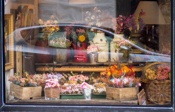 Reflection in a showcase of a small florist shop. showcase, bouquet, flower arrangement, Florist shop store window stock pictures, royalty-free photos & images