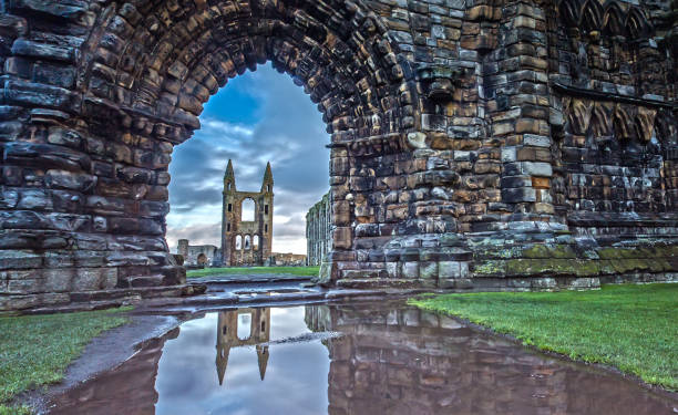 Reflection in the Water of the St Andrews Cathedral in St. Andrews, Scotland stock photo