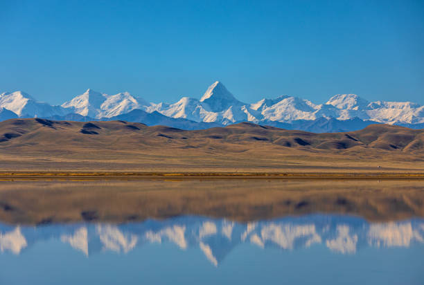 reflection of a mountain peak in the lake, Khan Tengri peak reflection of a mountain peak in the lake, Khan Tengri peak tien shan mountains stock pictures, royalty-free photos & images
