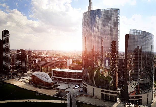 reflection of new modern district in milan - milan stok fotoğraflar ve resimler
