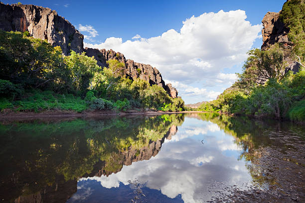 Reflections in Windjana Gorge, Western Australia on a sunny day stock photo