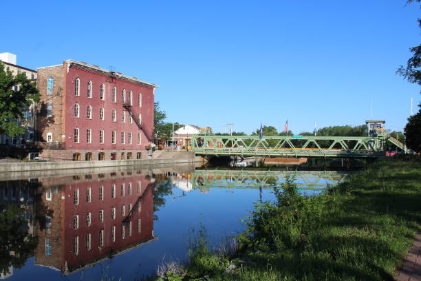 Reflections on the Erie canal stock photo