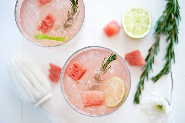 Refreshing Watermelon drink Watermelon fruity cocktail mocktail drink decorated with cubes of fresh watermelon and rosemary gin stock pictures, royalty-free photos & images