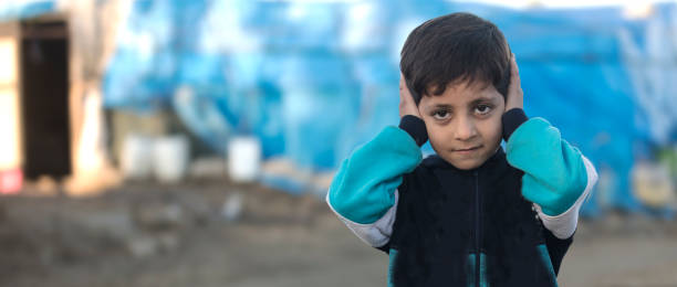 2018 refugee camp syria - See no Evil Hear no Evil Speak no Evil stock photo