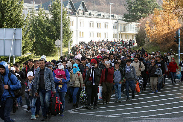 난민 (슬로베니아-오스트리아 테두리, 2015 년 11월 19일 - migrants 뉴스 사진 이미지