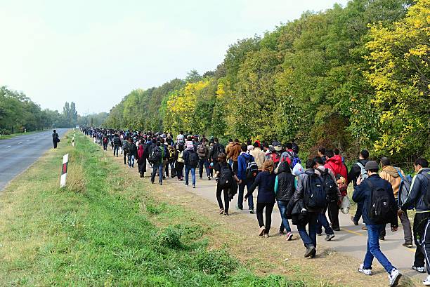 refugees leaving Hungary stock photo