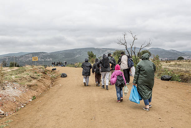 Refugees on the road to European Union stock photo