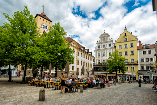 Regensburg old town with beer garden