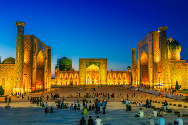 Registan, an old public square in Samarkand, Uzbekistan SAMARKAND, UZBEKISTAN - MAY 8, 2019: Registan, an old public square in the heart of the ancient city of Samarkand, Uzbekistan. silk road stock pictures, royalty-free photos & images