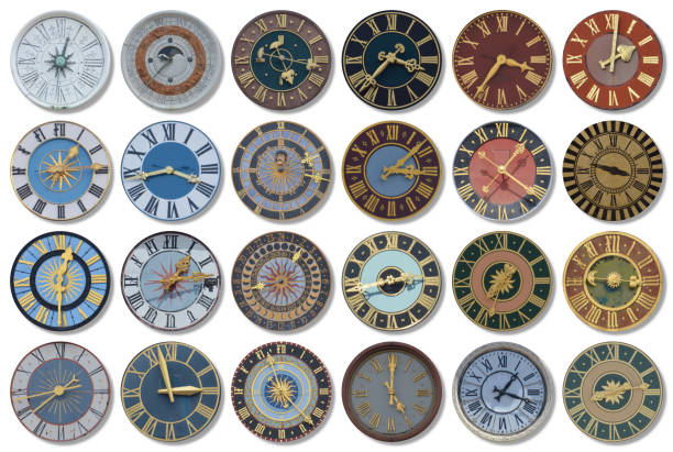 regular rows out of multicolored ancient church tower clocks stock photo