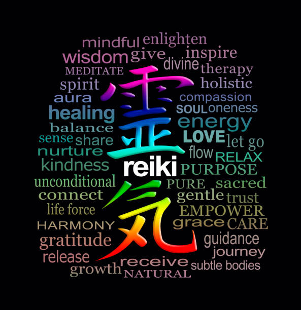 Reiki Words of Wisdom A rainbow coloured Reiki Kanji Symbol representing 'Universal Energy', surrounded by a relevant muted colour word cloud on a black background reiki stock pictures, royalty-free photos & images