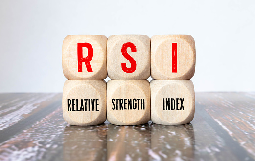 RSI - Relative Strength Index acronym concept on cubes, gray background. Reflection on the mirrored surface of the table. Selective focus.
