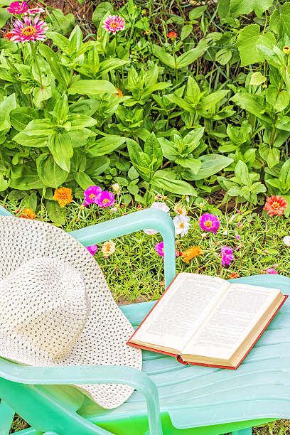 Relax with a book in the blooming garden stock photo