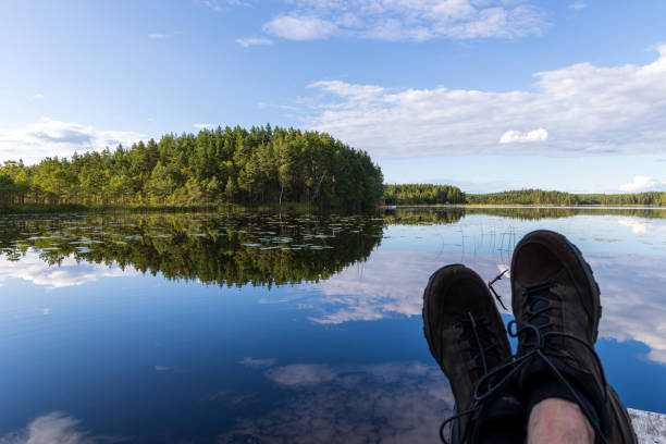 Relaxing at a beautiful Swedish Lake stock photo