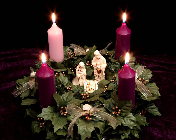 Religious: Christmas Advent Wreath with Nativity Scene stock photo