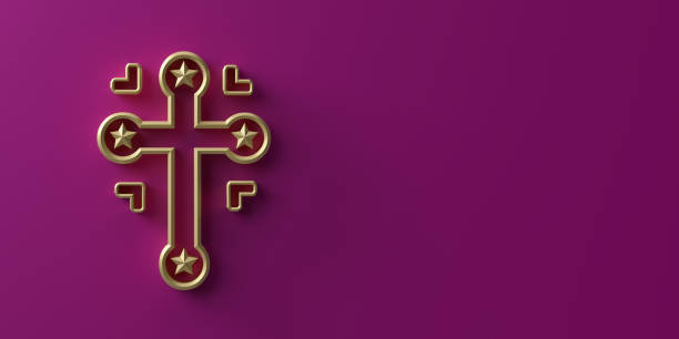 Religious cross symbol with hearts and stars on purple background Glorious Christian Cross symbol in 3D to celebrate the resurrection of Jesus Christ from the dead on the date of Easter with ornate golden cross icon concept on blank background with dropped shadow and copy space. Great for Confirmation, Baptism, Easter or any religious celebration. good friday stock pictures, royalty-free photos & images