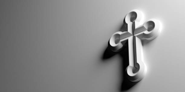 Religious white cross icon on white illuminated wall Glorious Christian Cross symbol in 3D to celebrate the resurrection of Jesus Christ from the dead on the date of Easter with geometric cross icon concept on blank background with dropped shadow and copy space. Great for Confirmation, Baptism, Easter or any religious celebration. good friday stock pictures, royalty-free photos & images