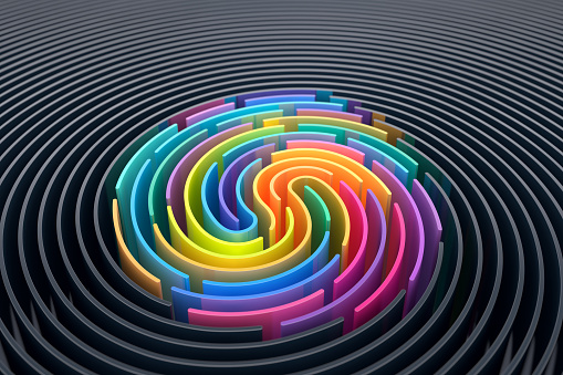 3D render abstract background of stylized fingerprint of smooth lines of spline gradient multicolor waves with dof