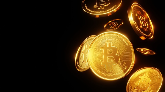 3D Render, Golden coins digital currency, Bitcoin, BTC, Cryptocurrency coins background, Stock market with copy space