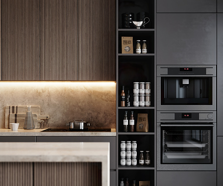 3D rendering of a modern kitchen interior. 3d image of a modern kitchen interior design with stoke, shelf and appliances.