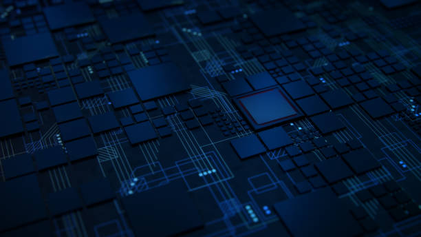 3d renderen van een macro-weergave van een futuristische elektronische circuit bord met microchips en processors. technologie achtergrond concept. - mother board stockfoto's en -beelden