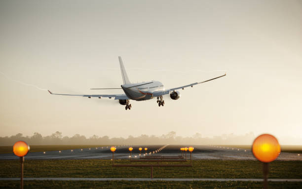 3D render of a passenger airplane landing on runway stock photo
