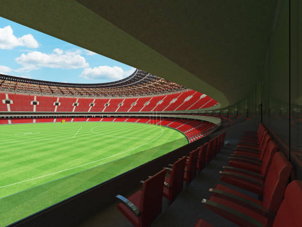 3D render of a round Australian rules football stadium with red seats...