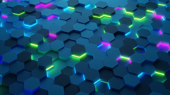 3D Render of Futuristic Hexagon Shapes Multiple Colors