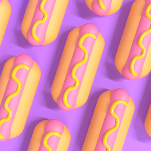 3D render of hot dogs with mustard on purple background. Top view, flat lay, aerial. stock photo