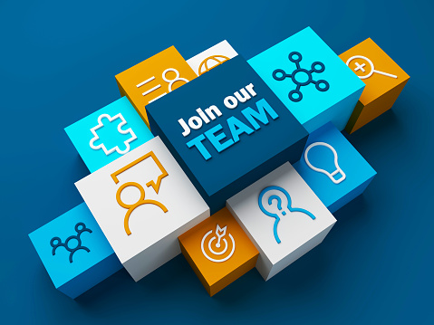 3D render of JOIN OUR TEAM business concept with symbols on colorful cubes on dark blue background
