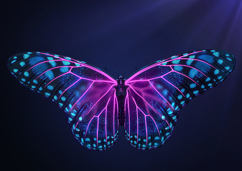 3D Render of Magical glowing neon and fluorescent inspirational butterfly top view