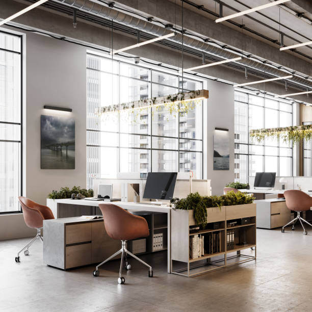 3d render of modern office desks with plants - secretária mobília imagens e fotografias de stock