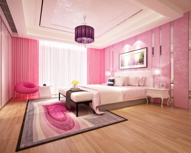 3D Render of pink stylish bedroom stock photo