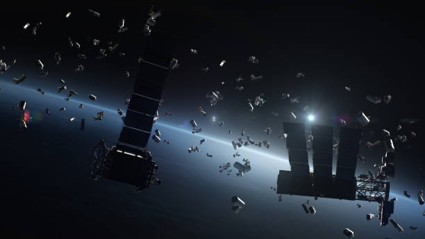 3D Render of space debris around planet Earth stock photo