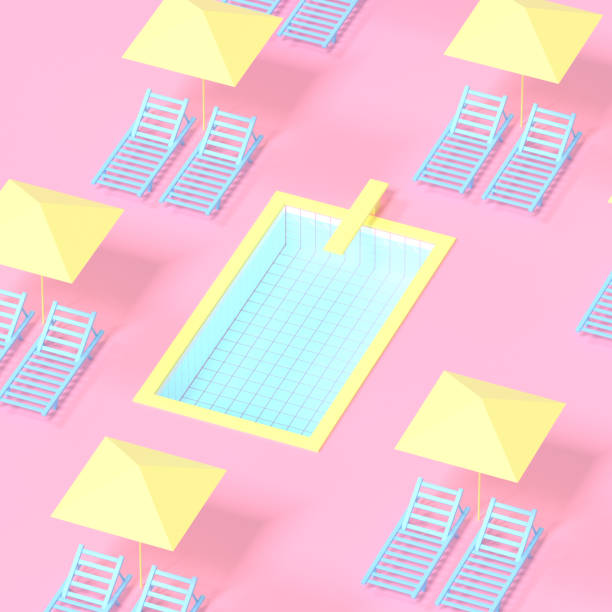 3D render. Pattern of sun beds near the pool with umbrellas in yellow colors. Minimalistic style, aesthetic and surrealism. stock photo