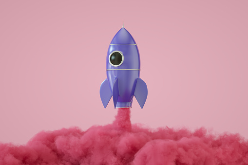 3D Rendering of Retro Rocket Ship with flame on retro color background.