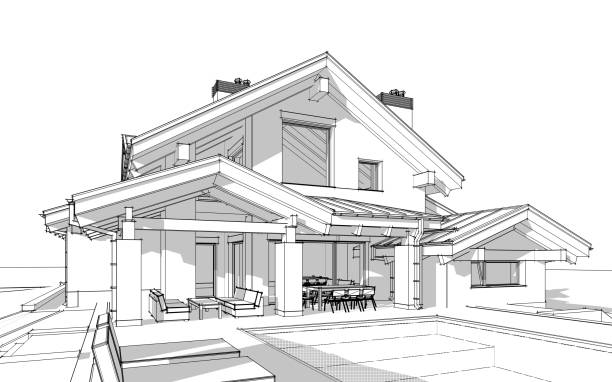 3D render sketch of modern cozy house in chalet style stock photo