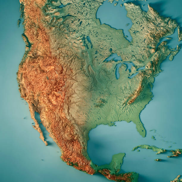 3D Render of a Topographic Map of the USA.
All source data is in the public domain.
Color texture: Made with Natural Earth. 
http://www.naturalearthdata.com/downloads/10m-raster-data/10m-cross-blend-hypso/
Relief texture and Rivers: SRTM data courtesy of USGS. URL of source image: 
https://e4ftl01.cr.usgs.gov//MODV6_Dal_D/SRTM/SRTMGL1.003/2000.02.11/
Water texture: SRTM Water Body SWDB:
https://dds.cr.usgs.gov/srtm/version2_1/SWBD/