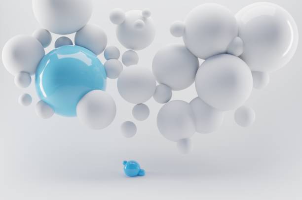 sfondo di rendering 3d con bolle bianche e blu - sphere flying foto e immagini stock