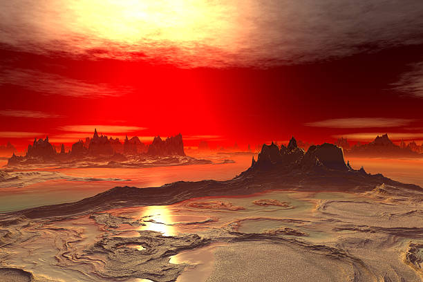 3D rendered fantasy alien planet. Rocks and lake stock photo