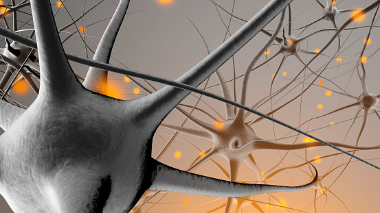 3D rendered Illustration of a biological neural cell network transmitting signals.