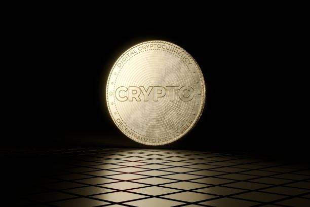 3D rendered image of digital cryptocurrency coin levitating on on black and gold shiny tiled floor with black background stock photo