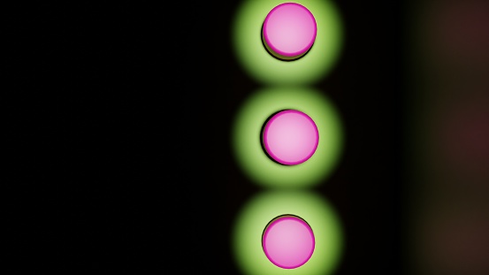 3D rendering. 3d illustration. A podium of three pink cylinders on a green floor in a dark room. Light from a spotlight at the top illuminating the scene. Deep shadows on the cylinders.