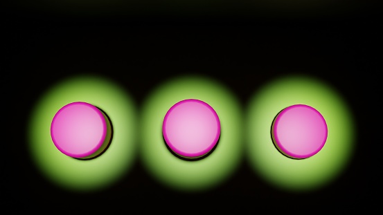 3D rendering. 3d illustration. Top view of a black room with three top lights illuminating three podiums. Three pink circles on a green floor. Podium with three cylinders.