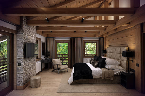 3D rendering bedroom house in the mountain stock photo