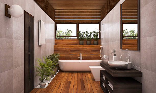 3D rendering contemporary wood bathroom with plants 3d rendering by 3dsmax2016 domestic bathroom stock pictures, royalty-free photos & images