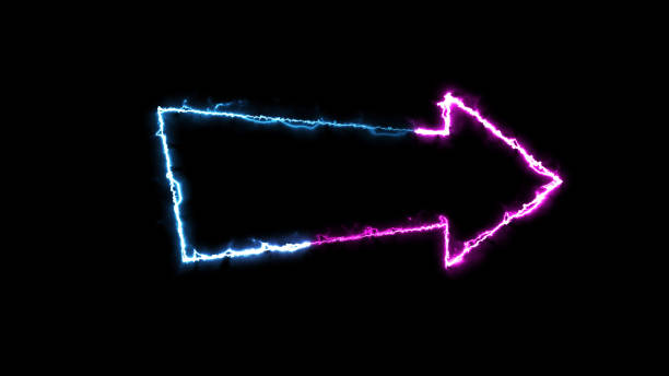3D rendering glow effects of an arrow outline on a black background. Neon design elements stock photo
