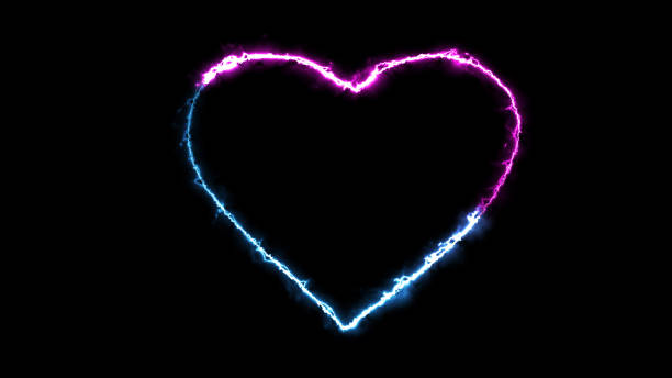3D rendering glow effects of the contour of the heart on a black background. Neon design elements stock photo