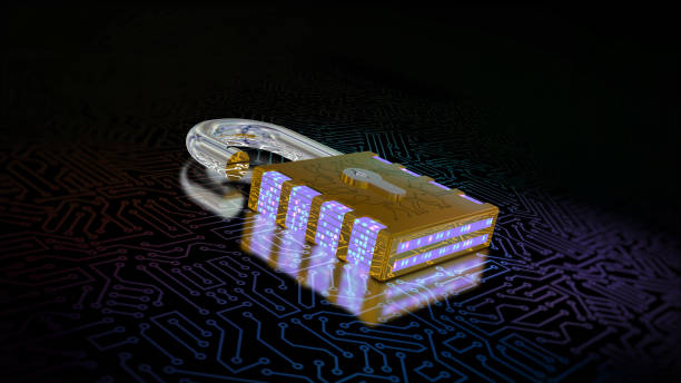 3D rendering of a combination lock. Cybersecurity of digital data, protection against hacker attacks and hacking of computer data transmission networks stock photo