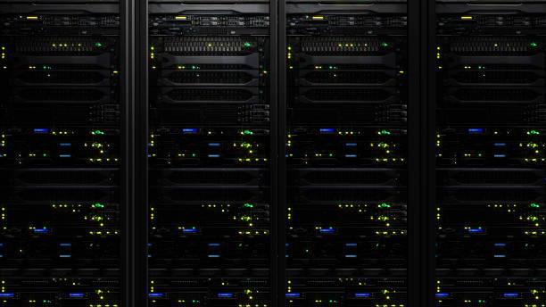 3D rendering of a dark modern server room data center in the storage center stock photo